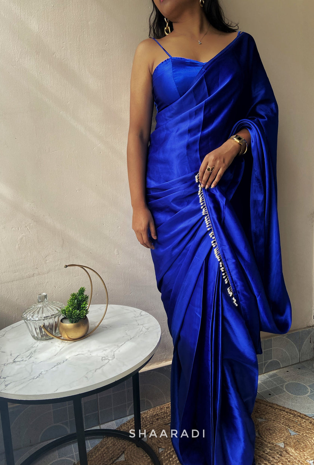 Blue Satin Silk Saree With Handmade Tassels On Pallu