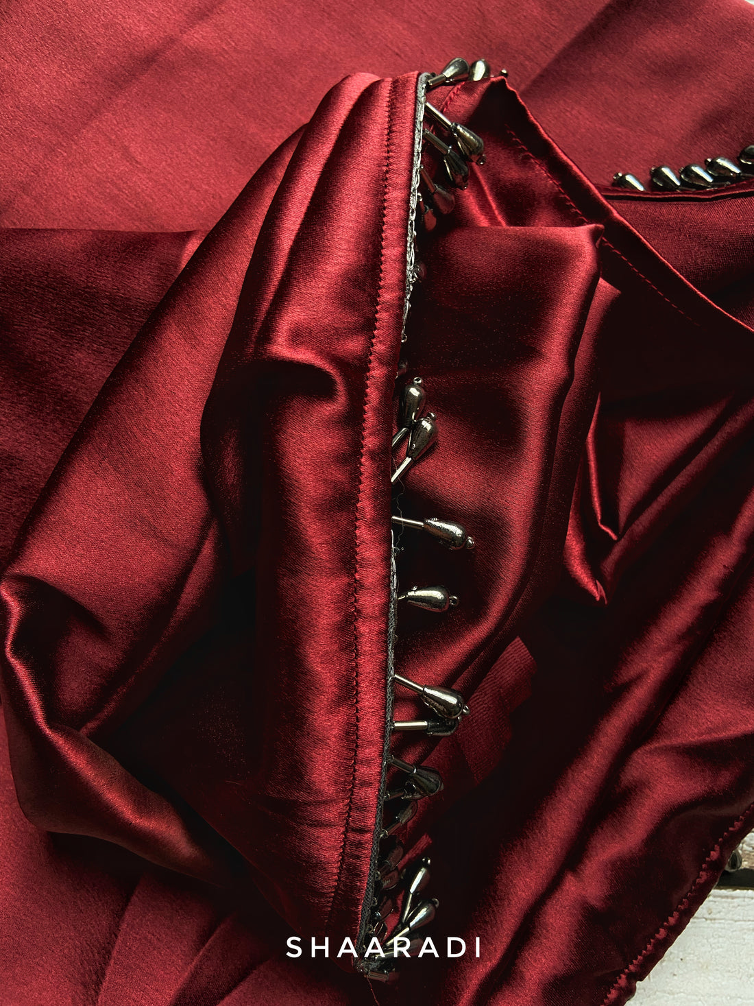 Dark Red Satin Silk Handmade Tassels On Pallu