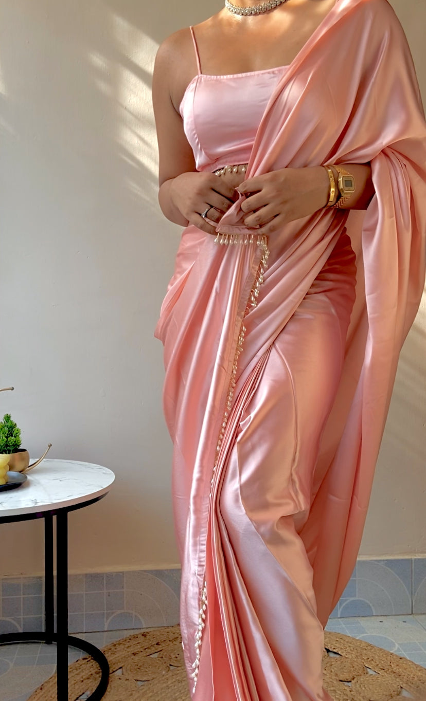 Baby Pink Satin Silk Handmade Tassels On Pallu