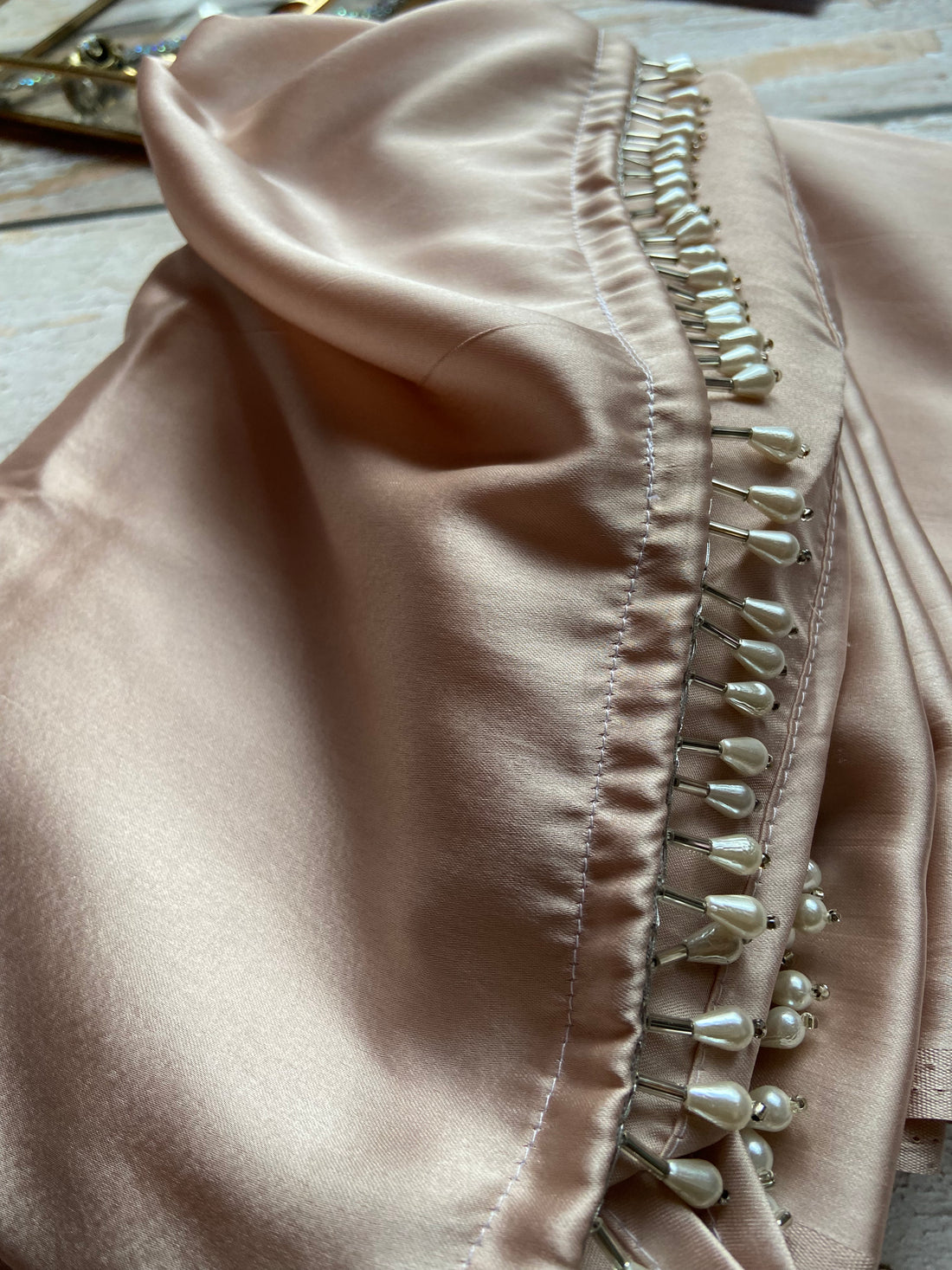Peach Satin Silk Handmade Tassels On Pallu