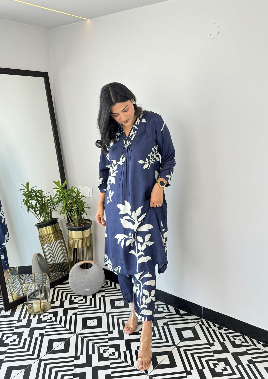 Blue - Autum Floral Kurta Pants