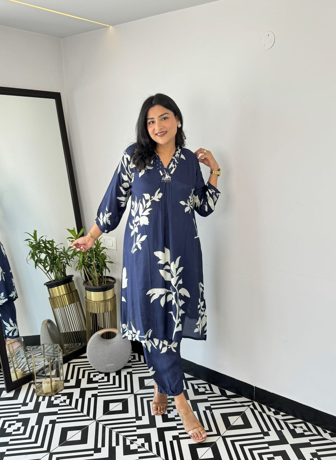 Blue - Autum Floral Kurta Pants