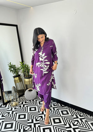 Purple - Autum Floral Kurta Pants