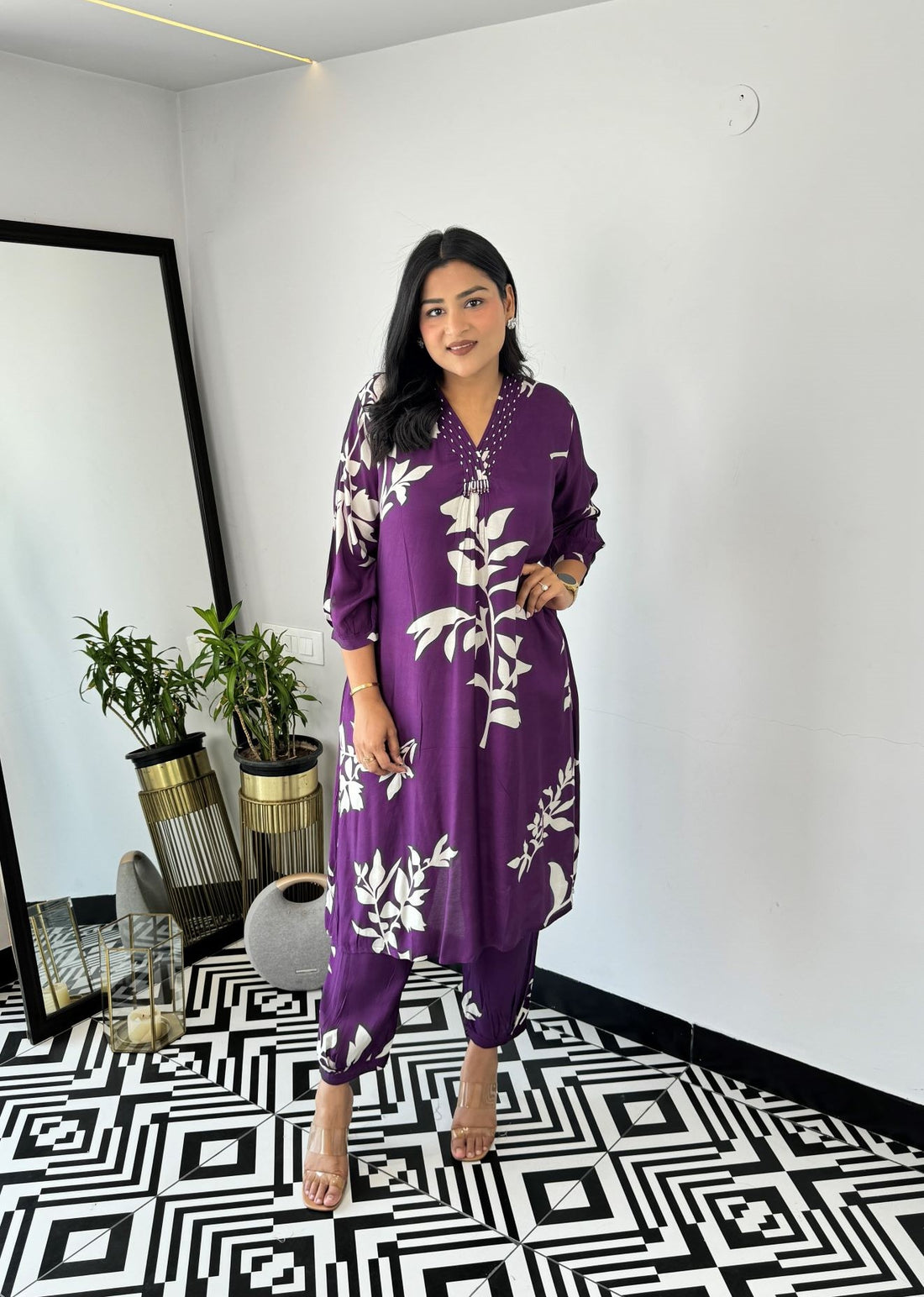 Purple - Autum Floral Kurta Pants
