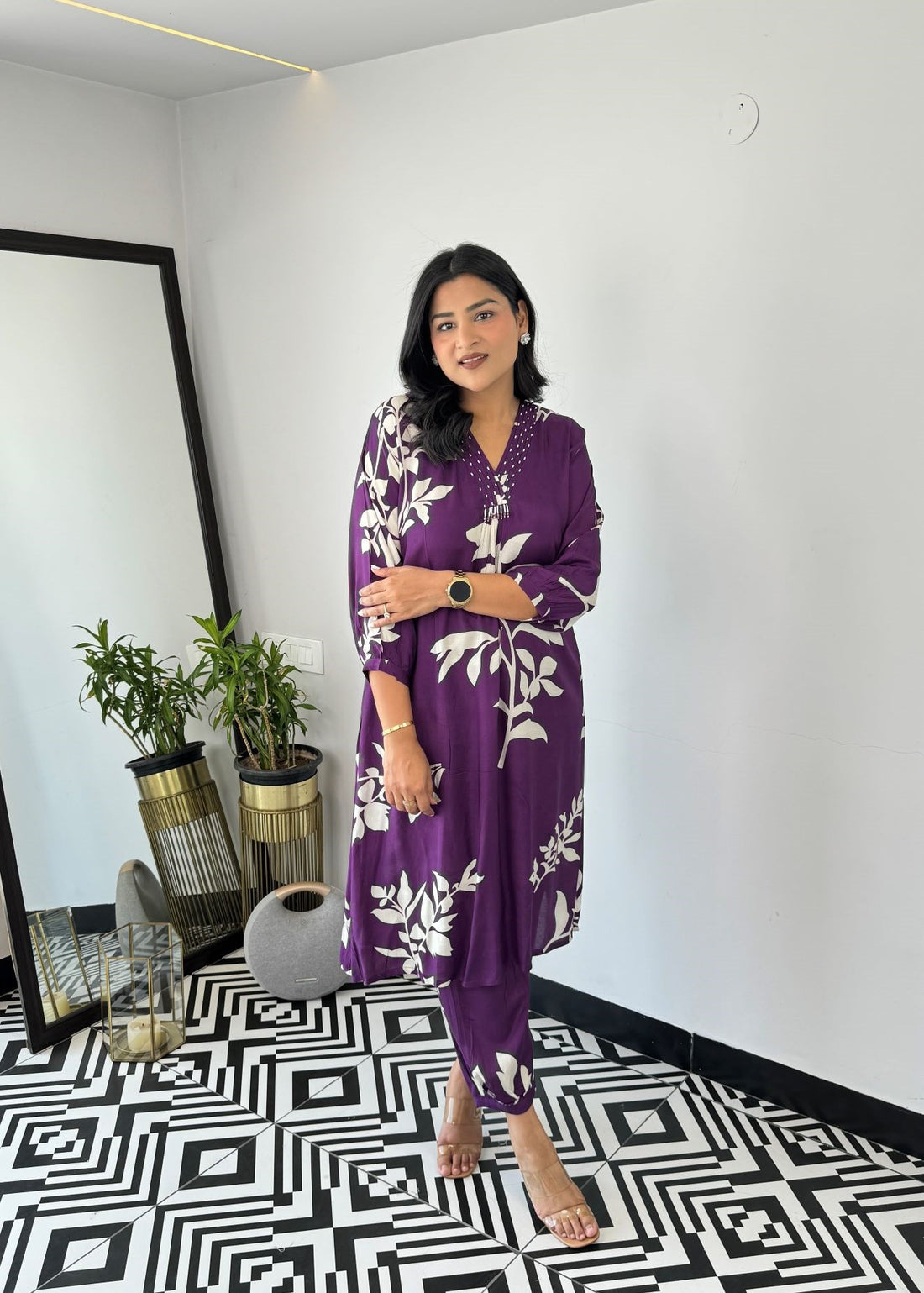Purple - Autum Floral Kurta Pants