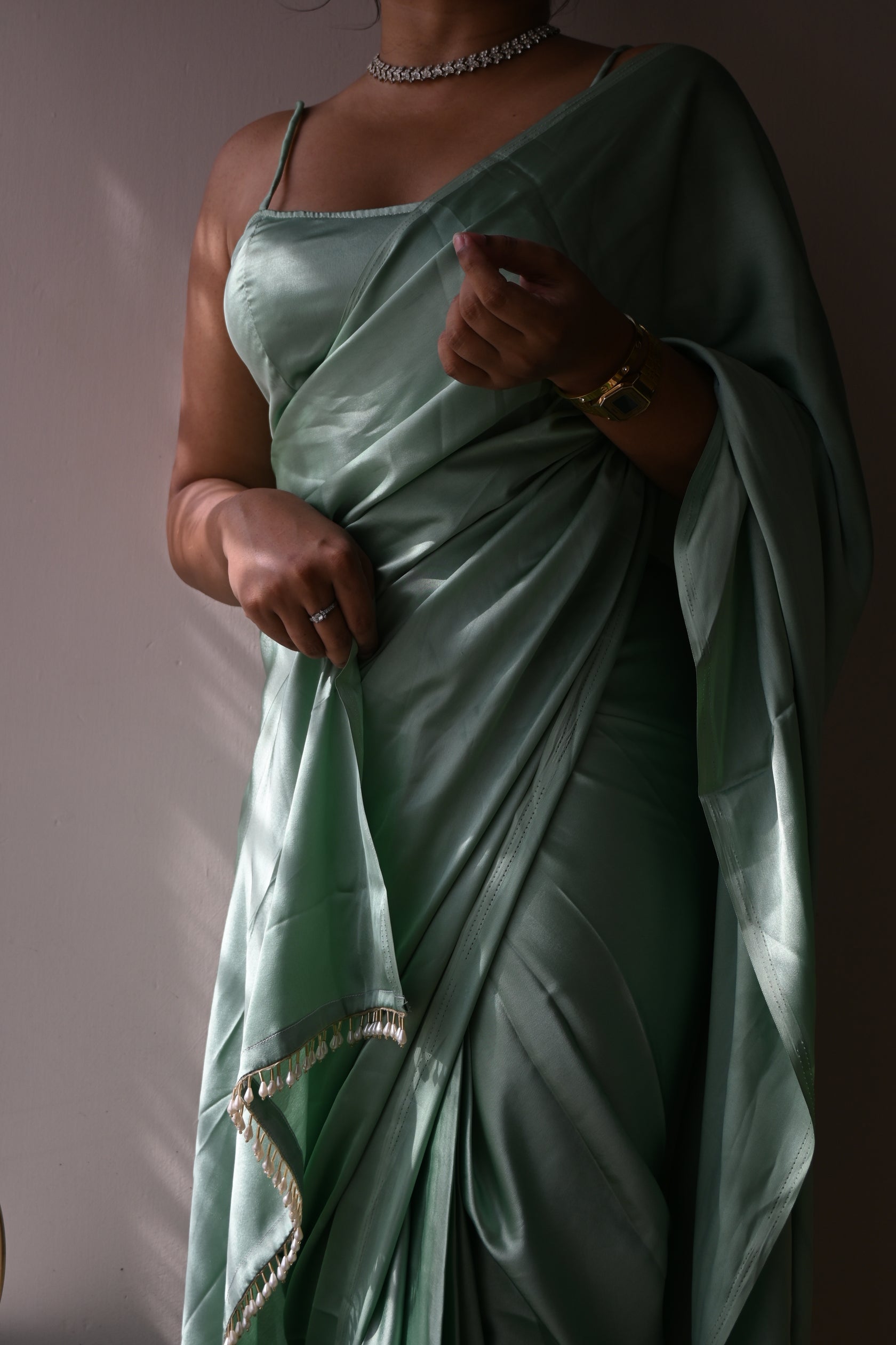 Pista Satin Silk Handmade Tassels On Pallu