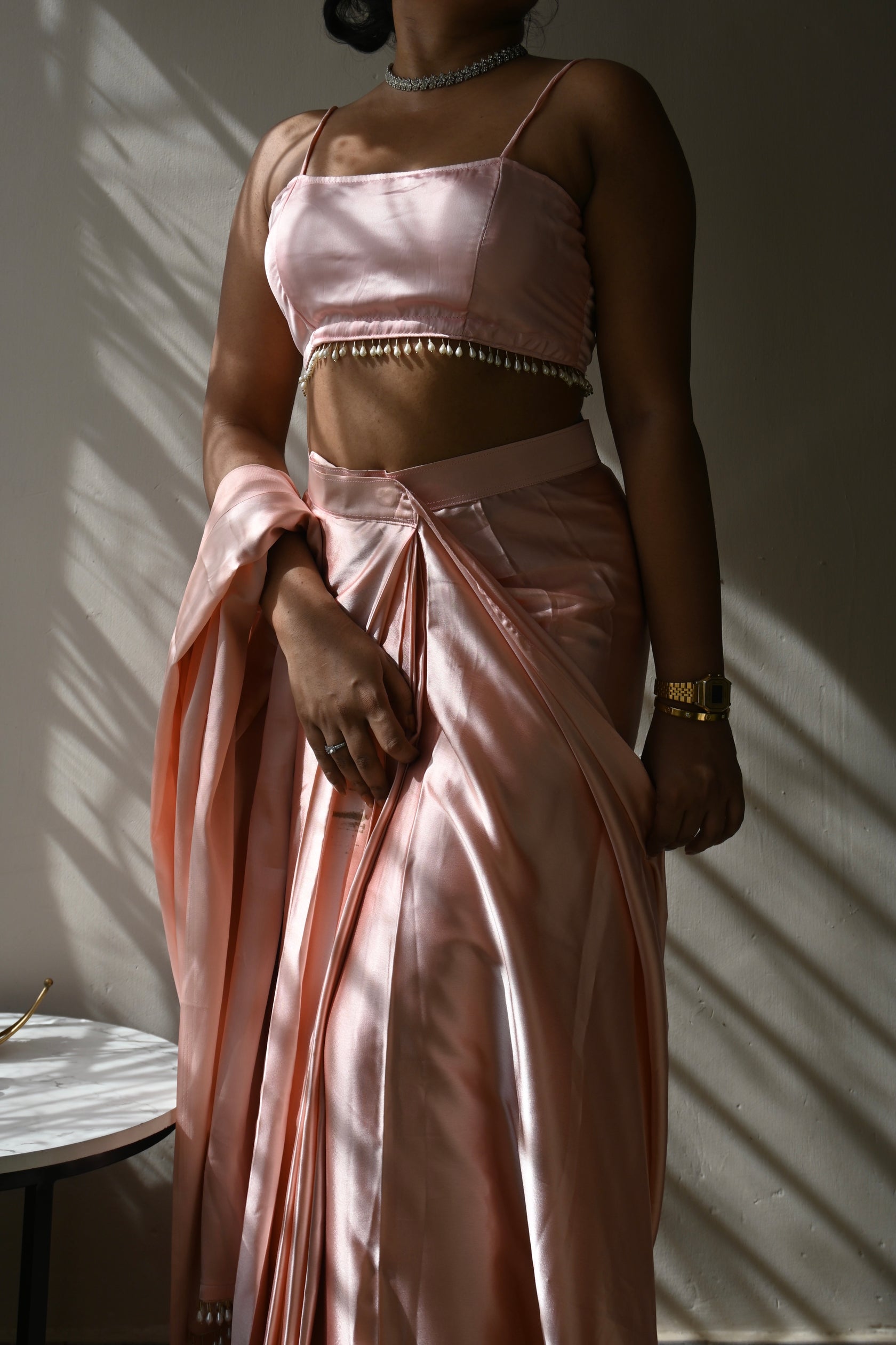 Baby Pink Satin Silk Handmade Tassels On Pallu