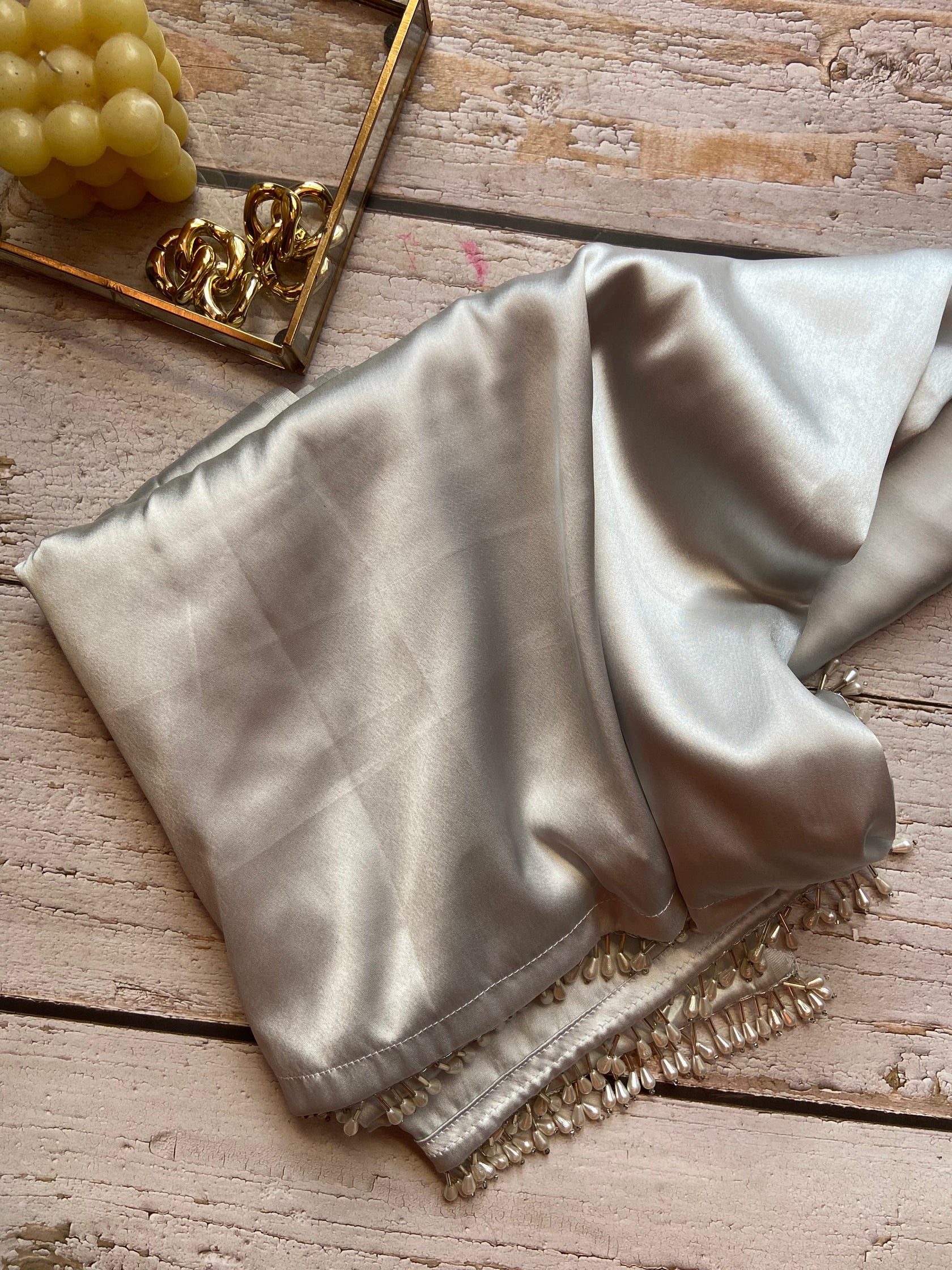 Grey Satin Silk Handmade Tassels On Pallu