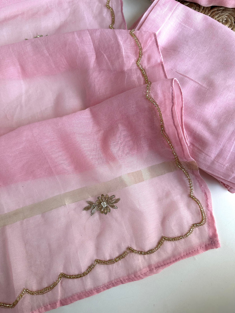K070 - Mul Chanderi handwork Aline Kurti with pants and dupatta in
