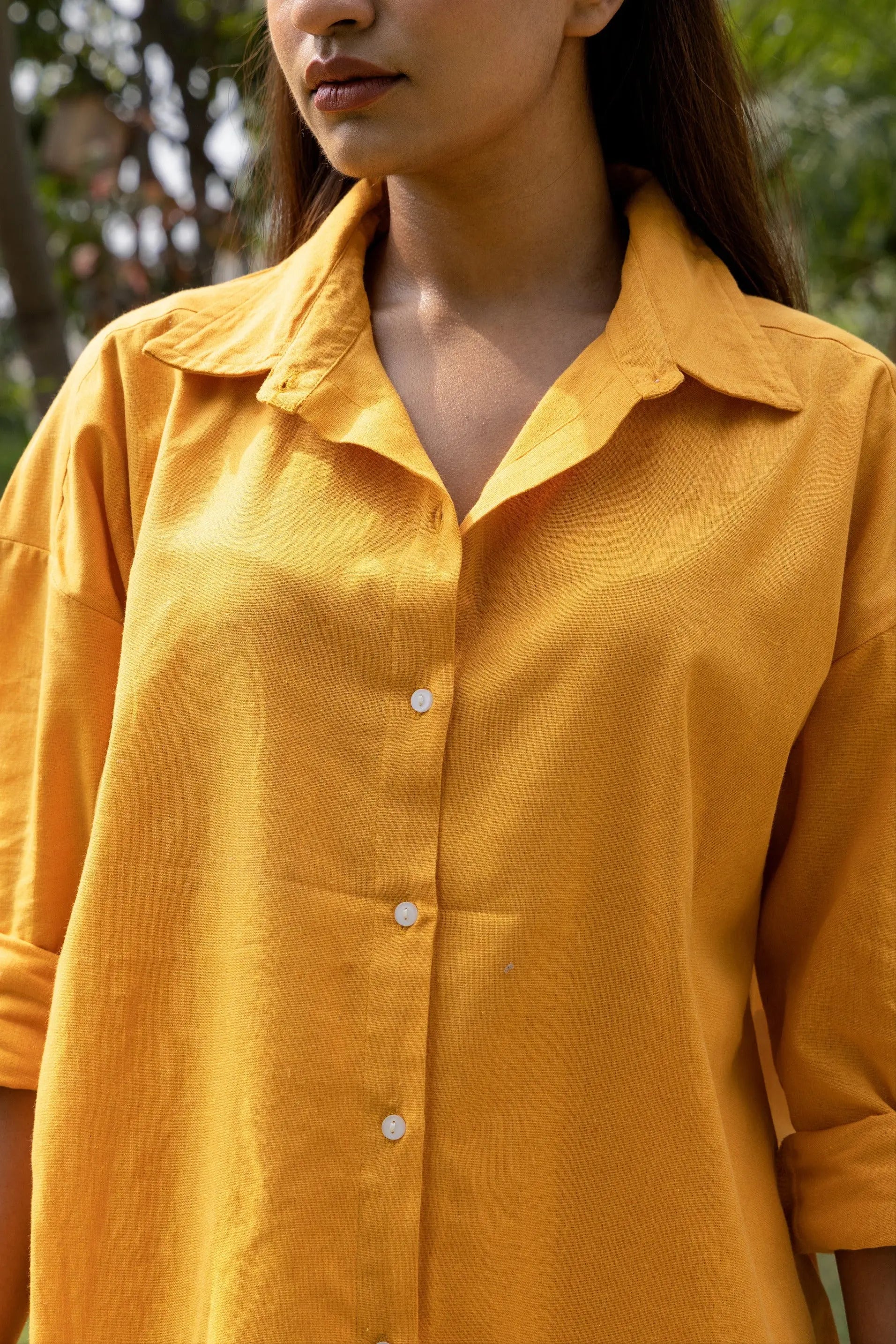 Yellow - Oversized Linen-Cotton Shirt & Shorts Set