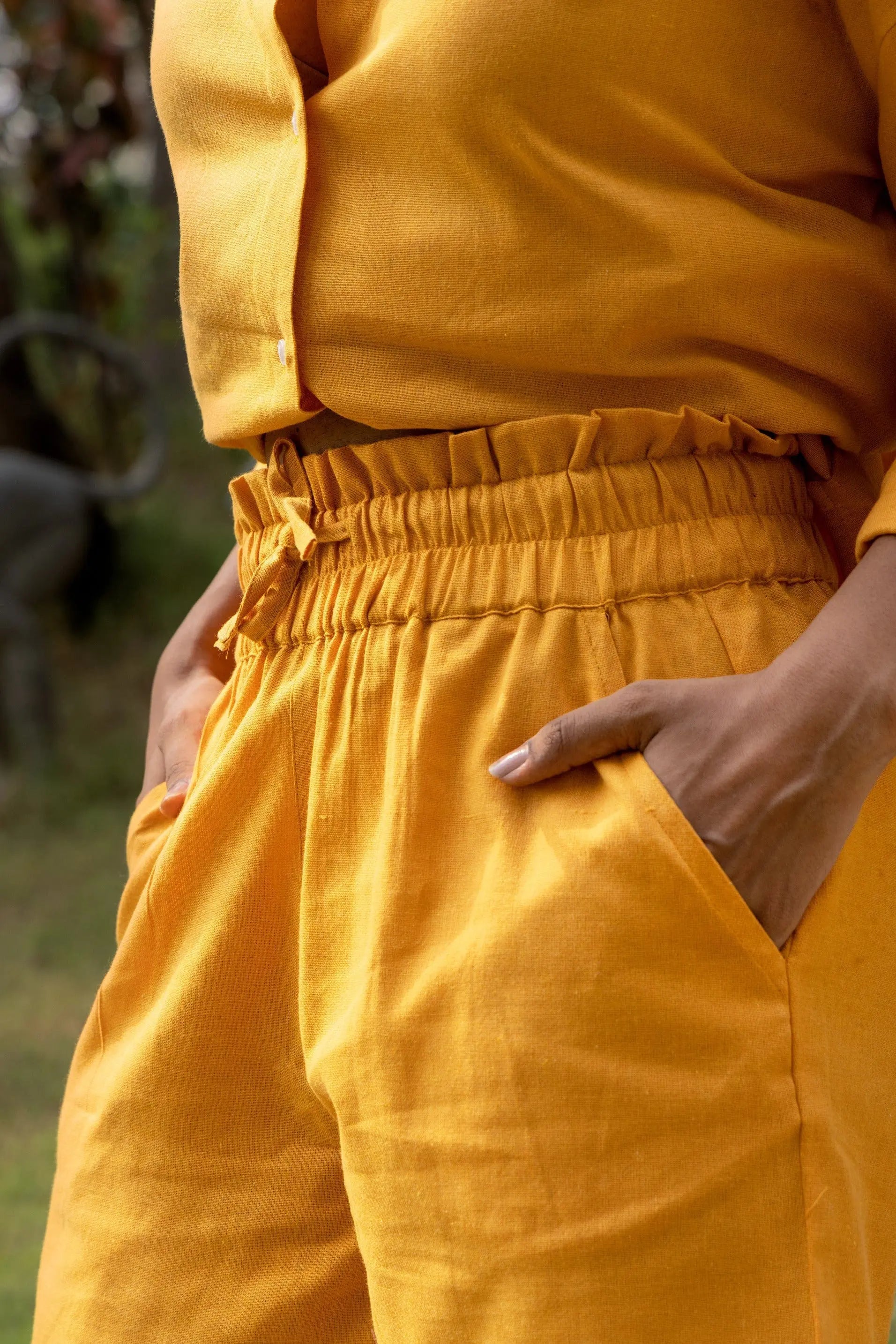 Yellow - Oversized Linen-Cotton Shirt & Shorts Set