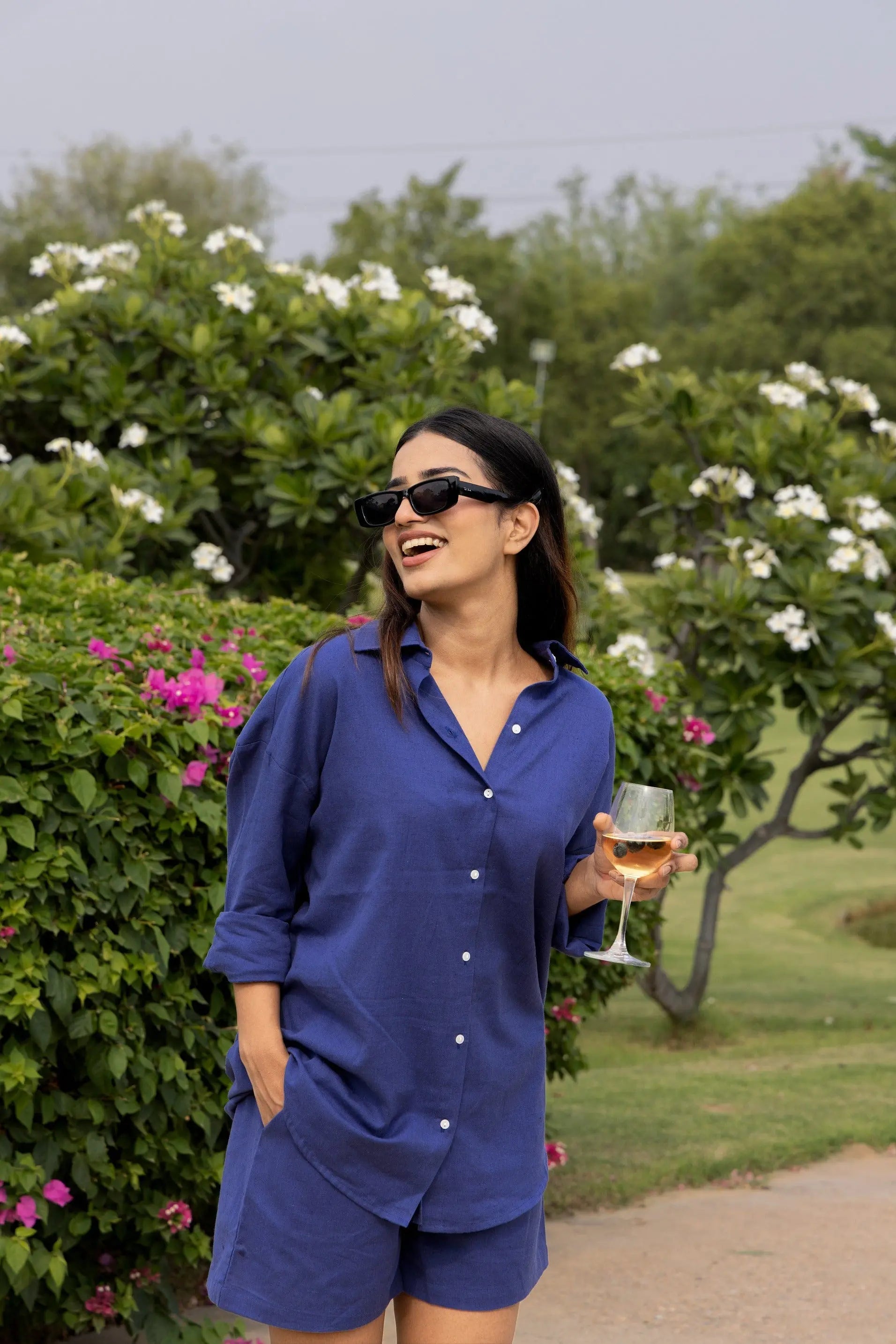 Royal Blue - Oversized Linen-Cotton Shirt & Shorts Set