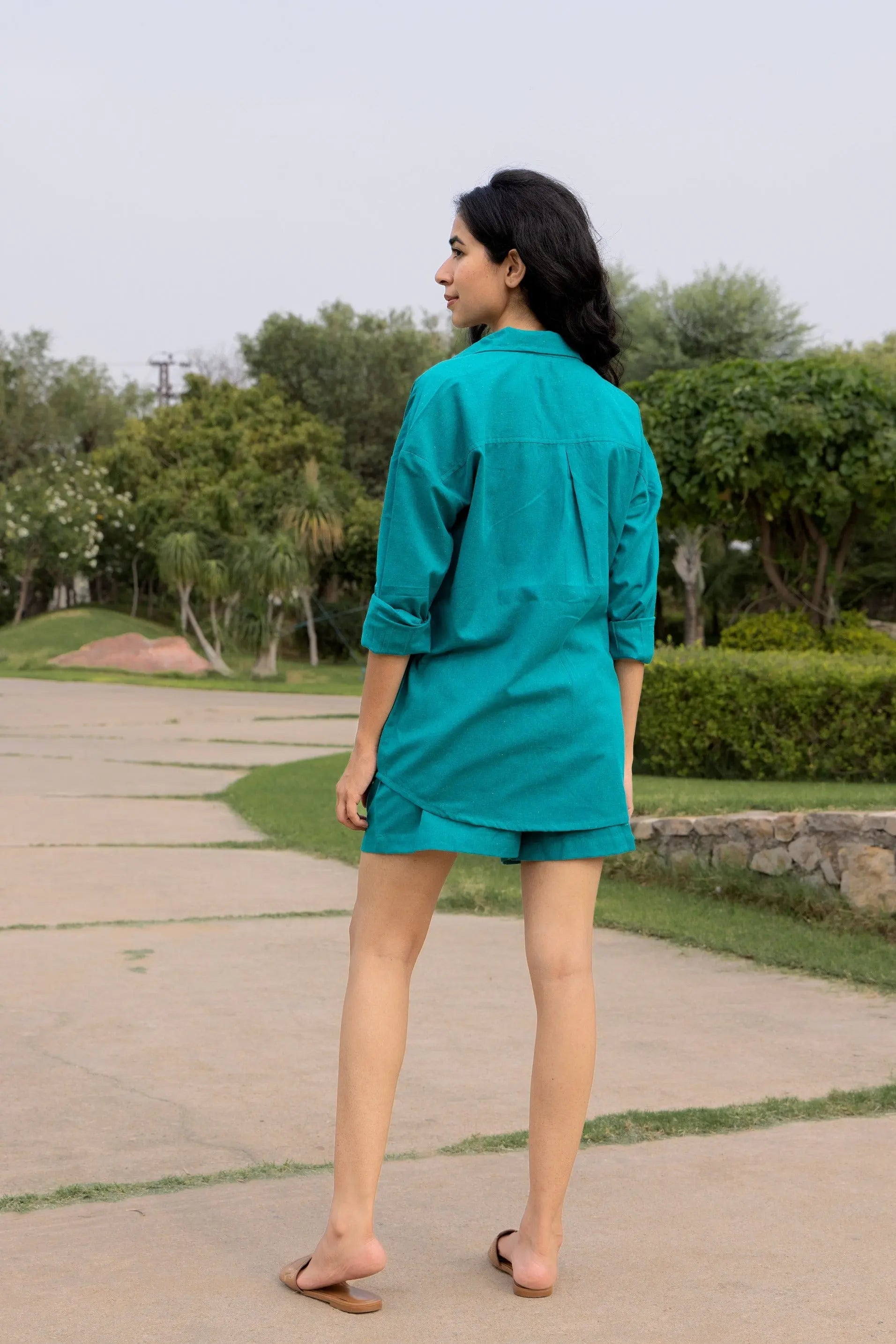 Teal - Oversized Linen-Cotton Shirt & Shorts Set