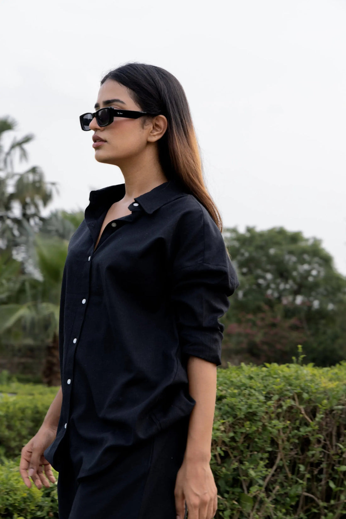 Black - Oversized Linen-Cotton Shirt & Shorts Set