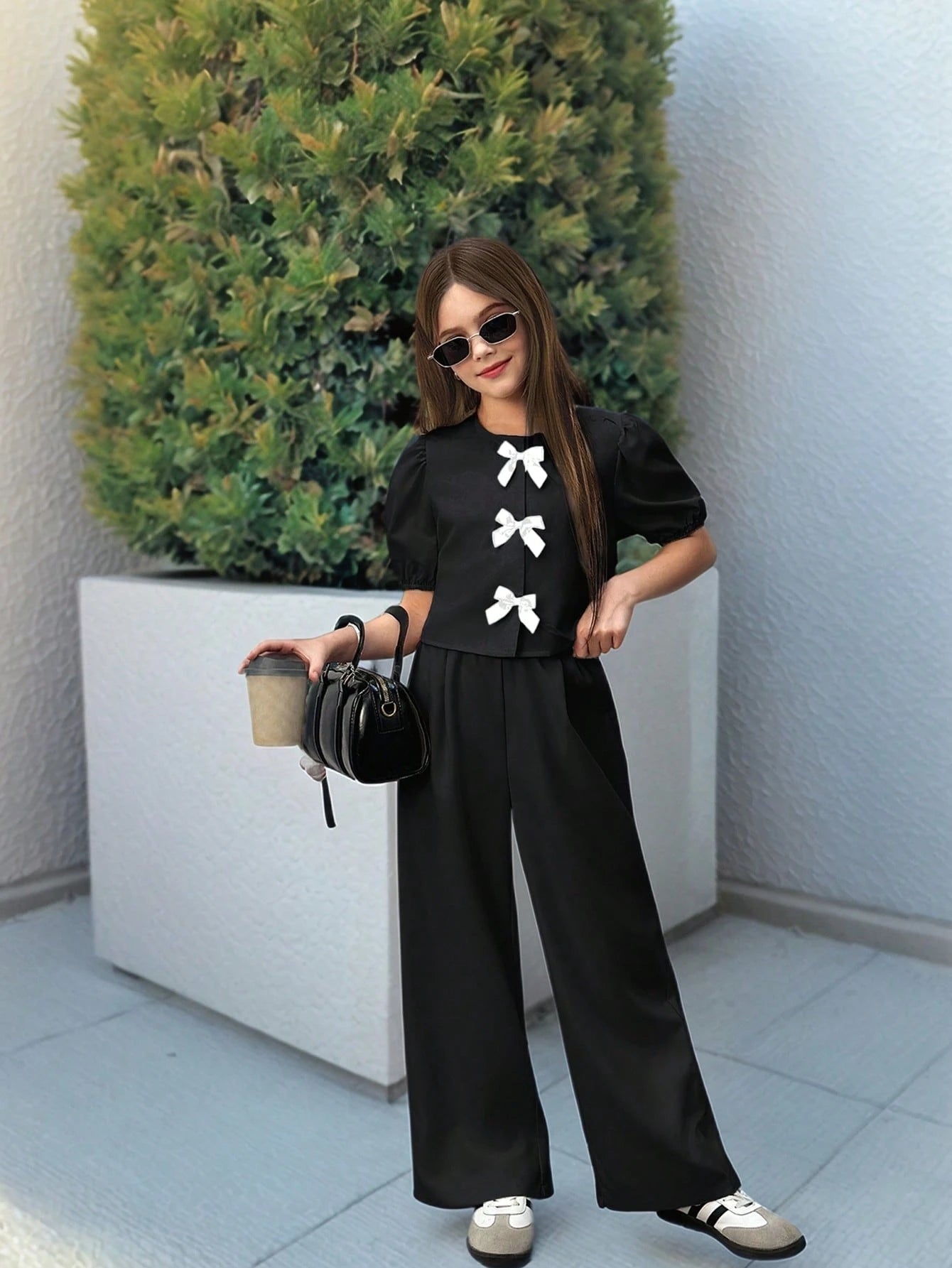 Preteen Girls Casual Round Neck Ruffle Sleeve Top & Long Pants Set