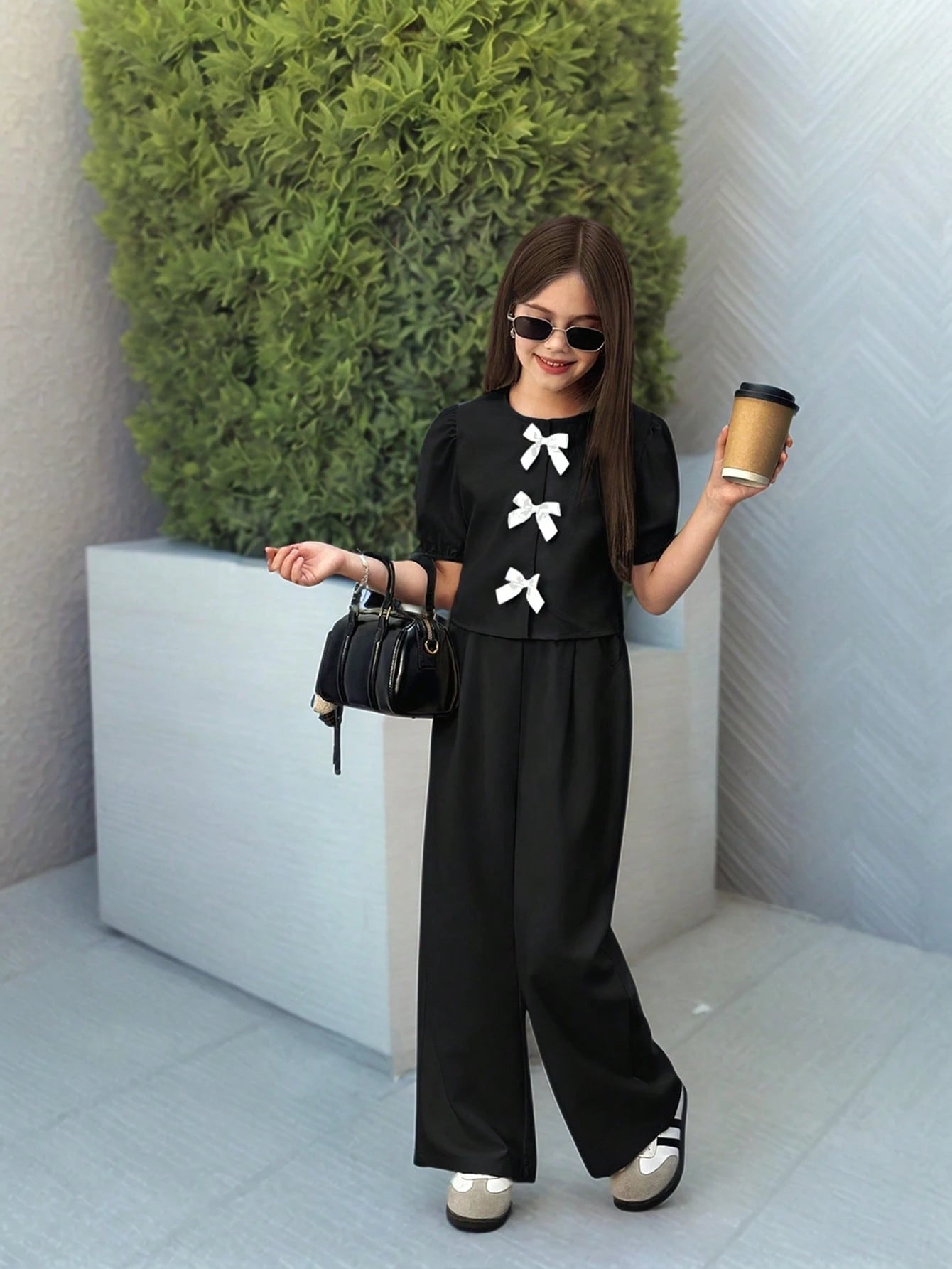 Preteen Girls Casual Round Neck Ruffle Sleeve Top & Long Pants Set