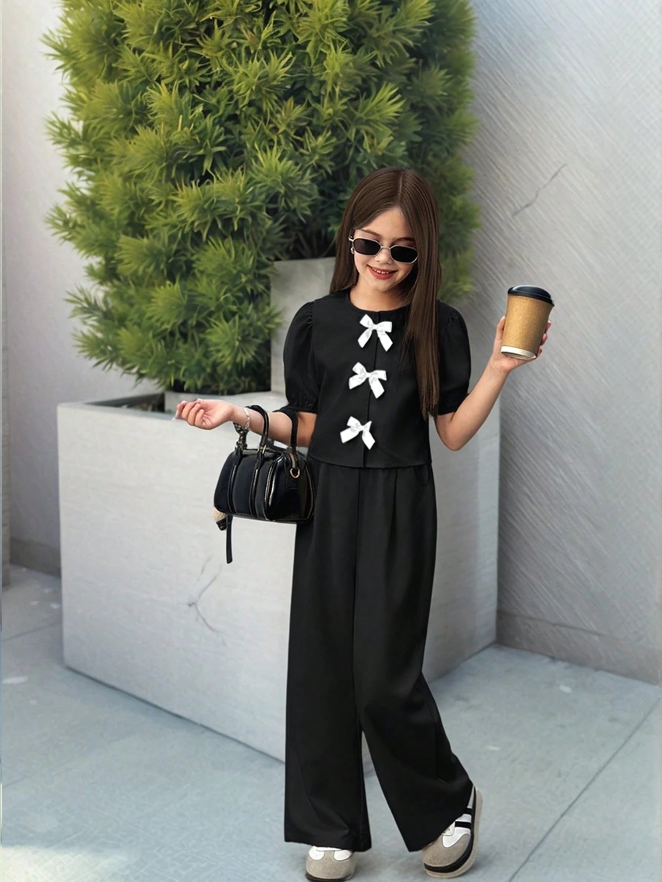 Preteen Girls Casual Round Neck Ruffle Sleeve Top & Long Pants Set