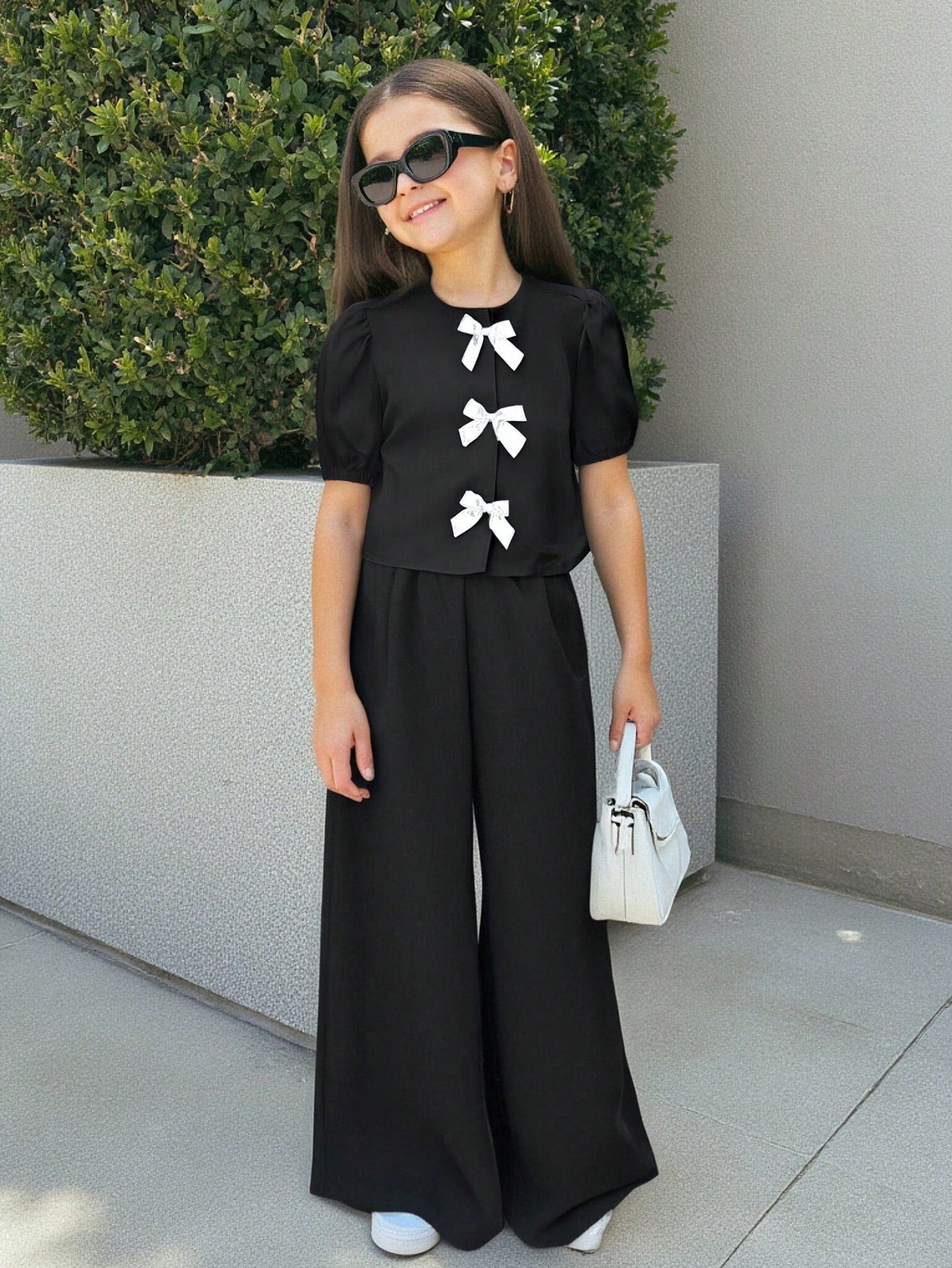Preteen Girls Casual Round Neck Ruffle Sleeve Top & Long Pants Set