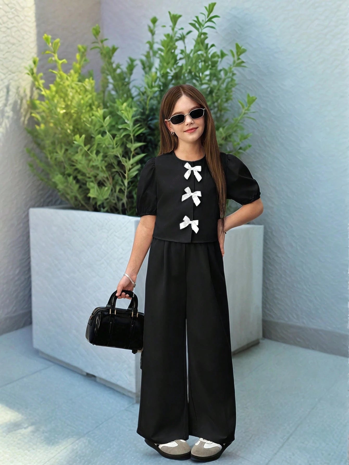 Preteen Girls Casual Round Neck Ruffle Sleeve Top & Long Pants Set