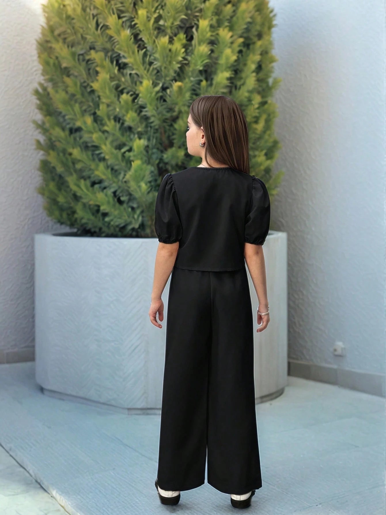 Preteen Girls Casual Round Neck Ruffle Sleeve Top & Long Pants Set