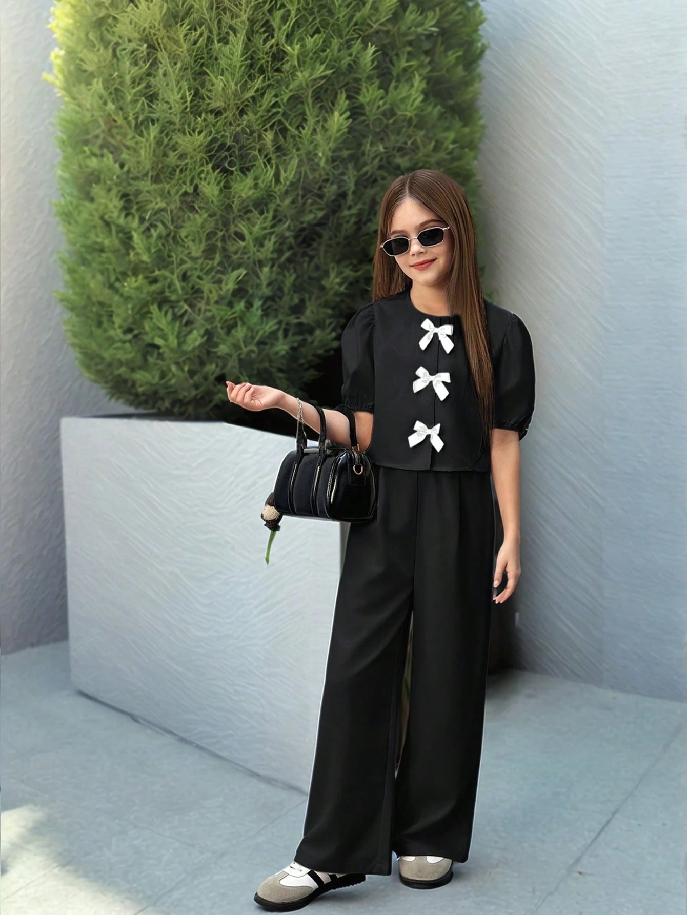 Preteen Girls Casual Round Neck Ruffle Sleeve Top & Long Pants Set