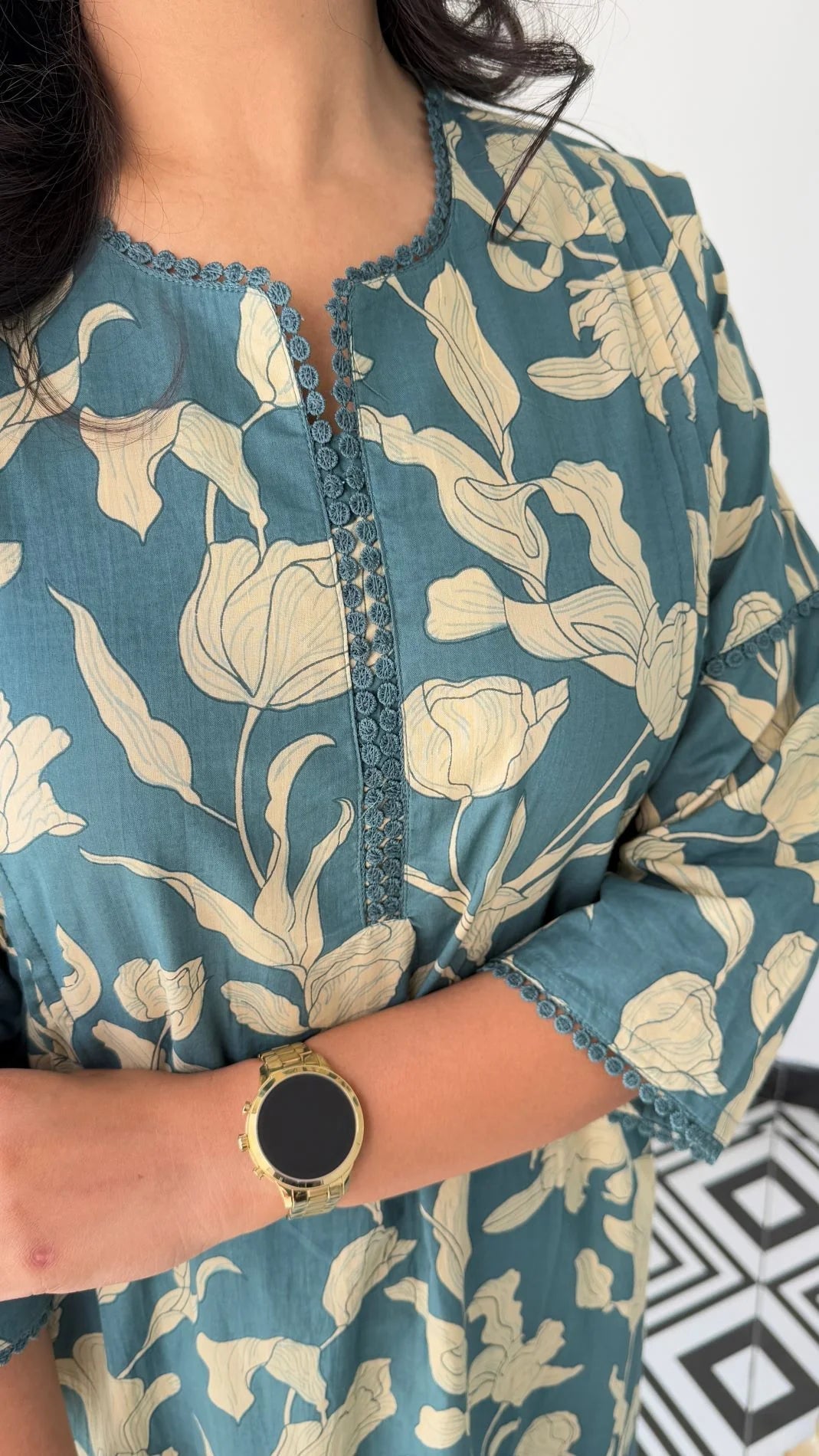 Turquoise - Floral Bloom Kurta Pants