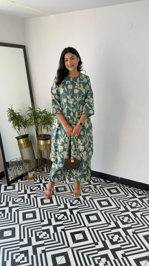 Turquoise - Floral Bloom Kurta Pants