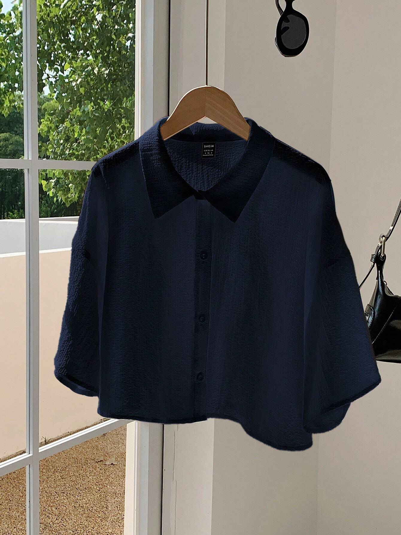 Navy Woven Women's Cropped Shirt