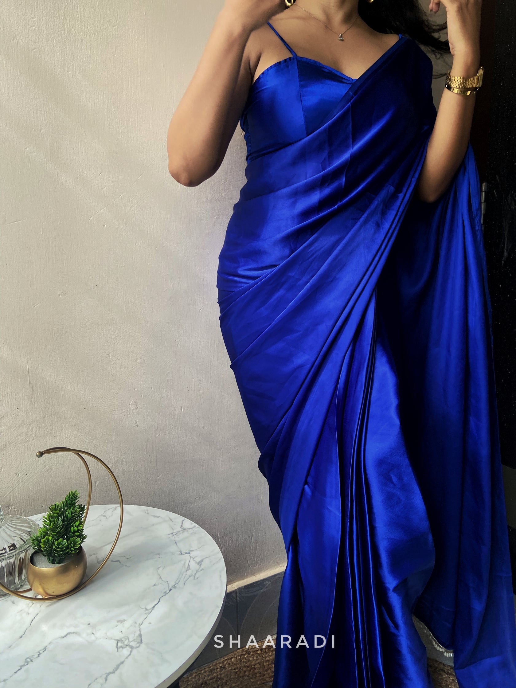 Blue Satin Silk Saree With Handmade Tassels On Pallu