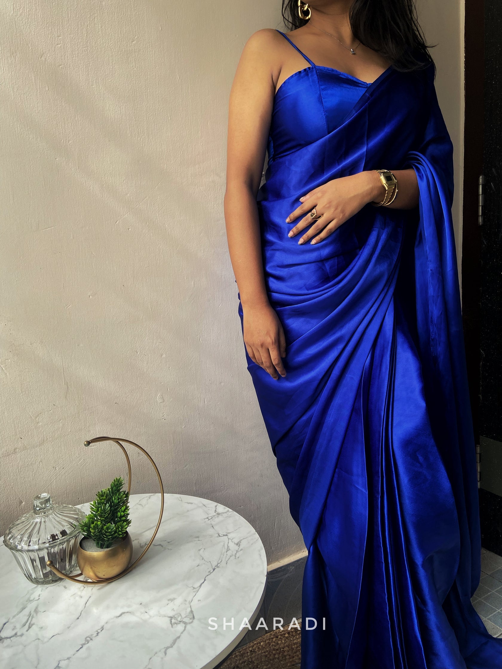 Blue Satin Silk Saree With Handmade Tassels On Pallu