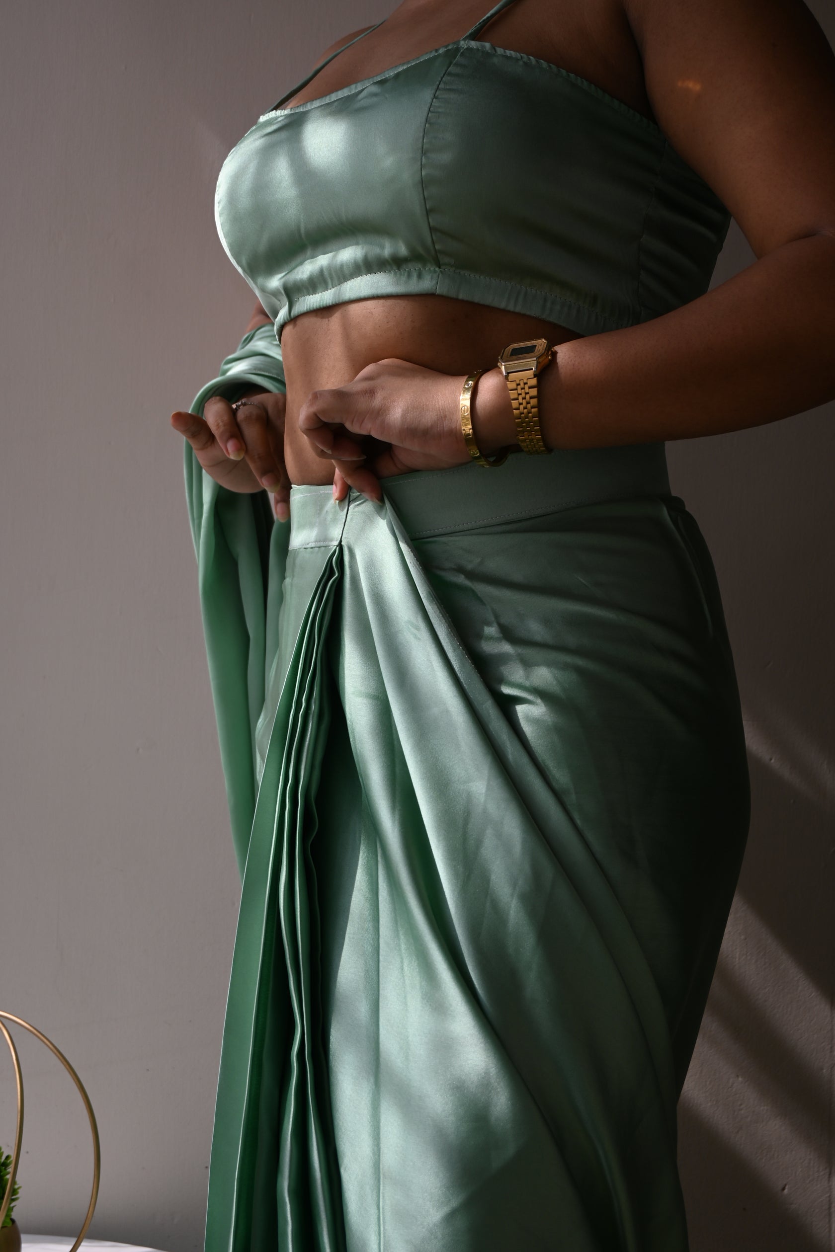 Pista Satin Silk Handmade Tassels On Pallu