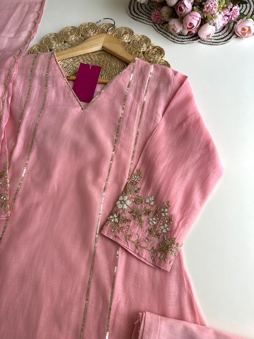 K070 - Mul Chanderi handwork Aline Kurti with pants and dupatta in
