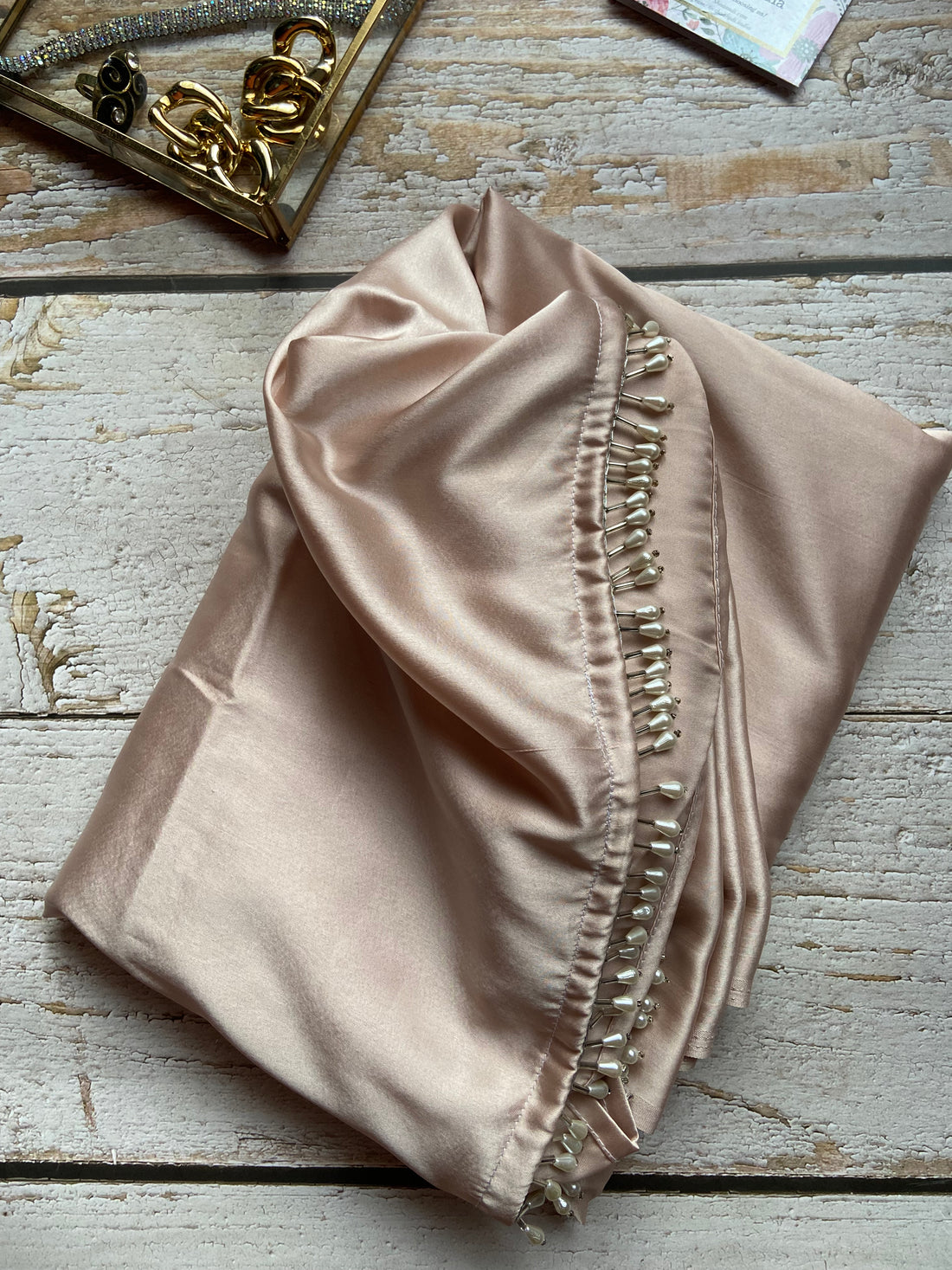 Peach Satin Silk Handmade Tassels On Pallu