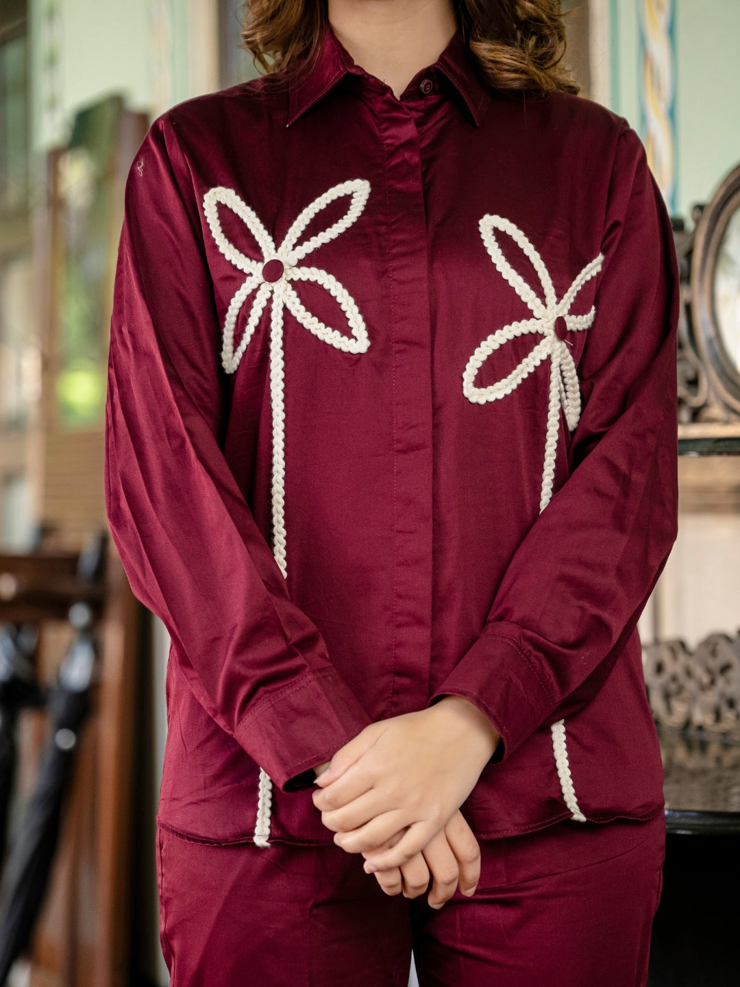Wine Italian Cotton Co-ord Set With Lace detaling