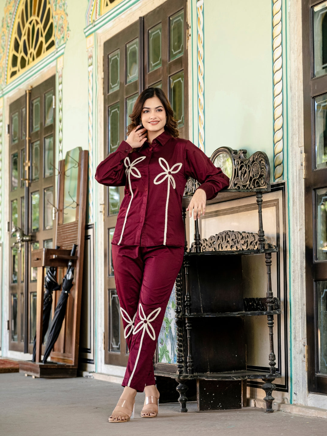 Wine Italian Cotton Co-ord Set With Lace detaling