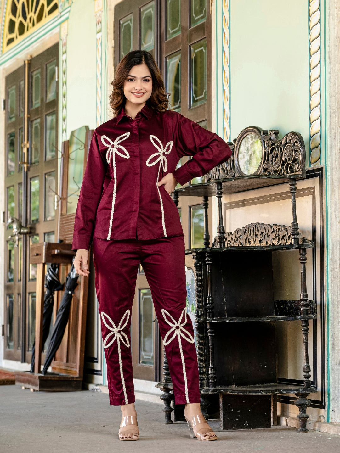 Wine Italian Cotton Co-ord Set With Lace detaling