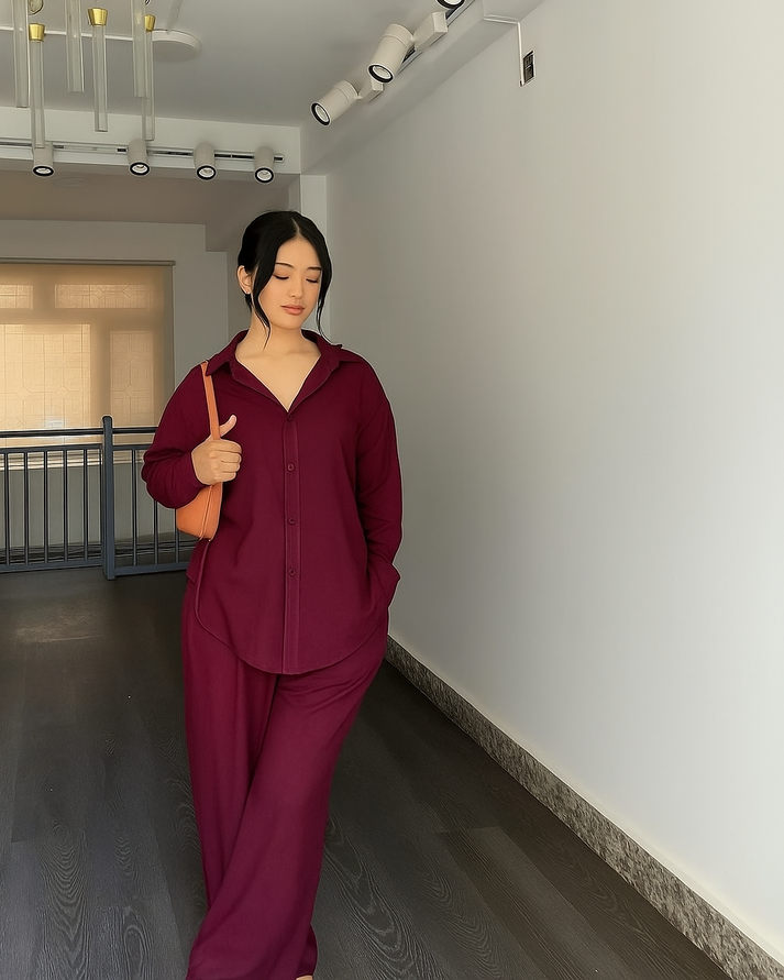 Solid Button-Down Shirt & Relaxed Pants Co-ord Set for Women
