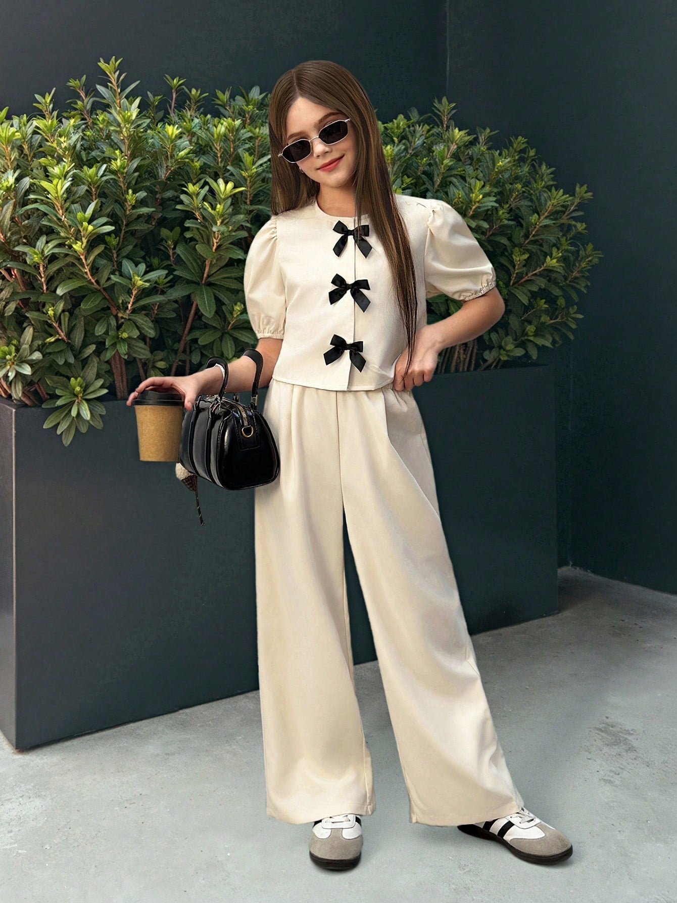 Preteen Girls Casual Round Neck Ruffle Sleeve Top & Long Pants Set