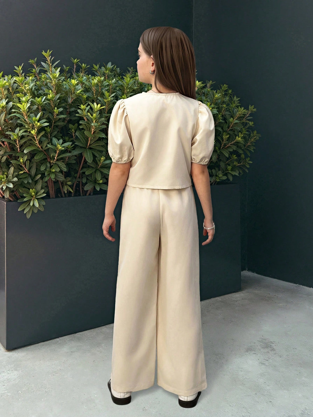 Preteen Girls Casual Round Neck Ruffle Sleeve Top & Long Pants Set