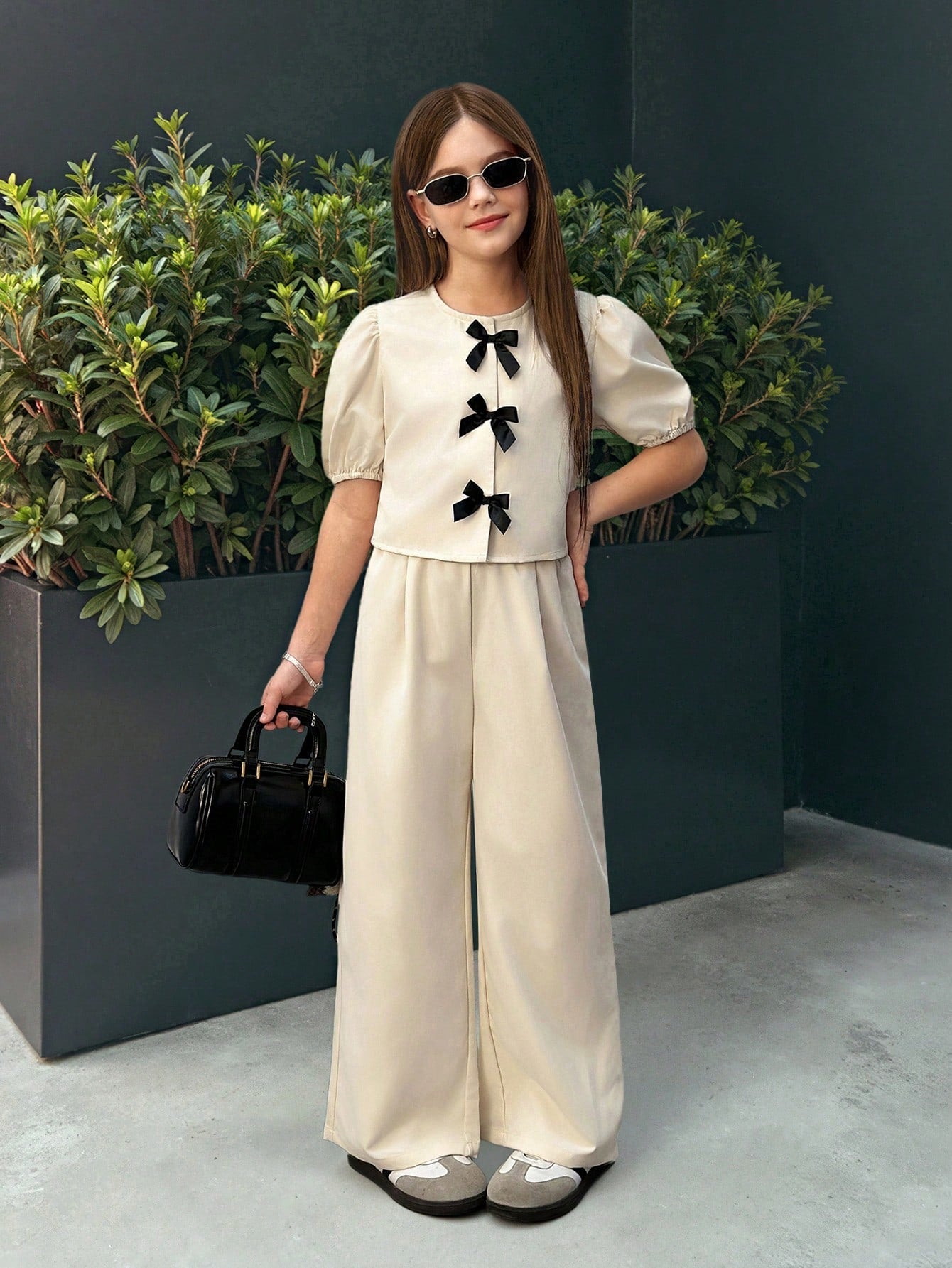 Preteen Girls Casual Round Neck Ruffle Sleeve Top & Long Pants Set