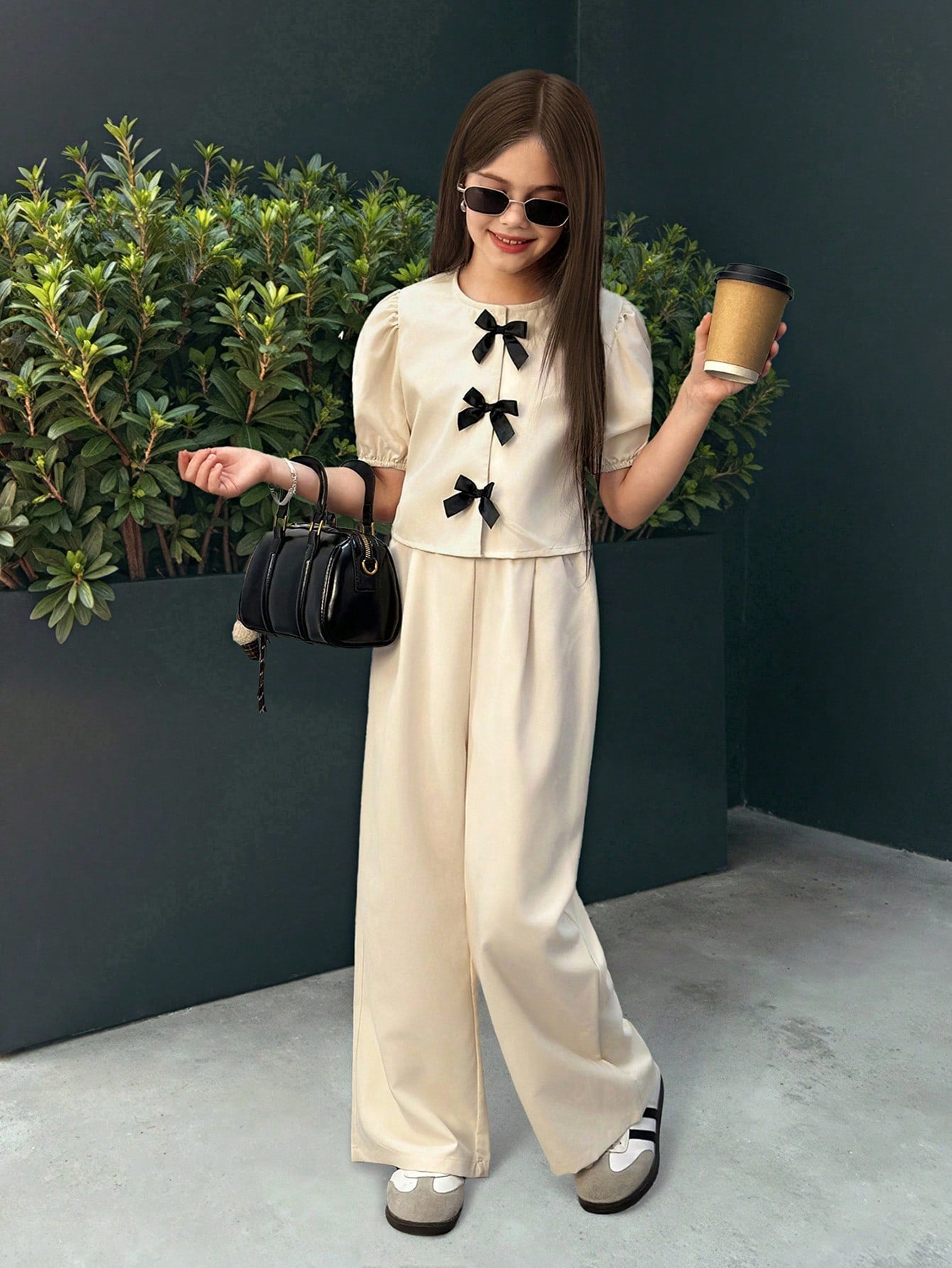 Preteen Girls Casual Round Neck Ruffle Sleeve Top & Long Pants Set