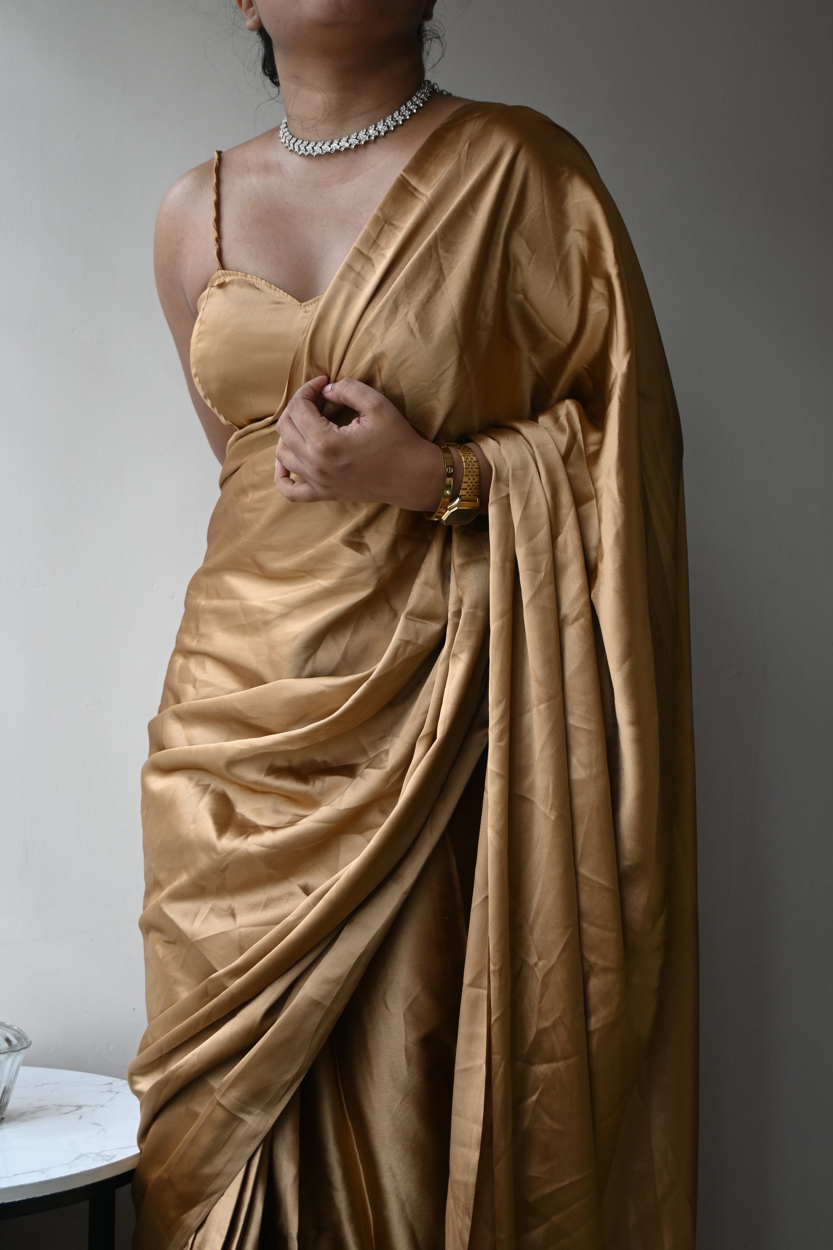 Rose Gold Satin Silk Saree With Handmade Tassels On Pallu