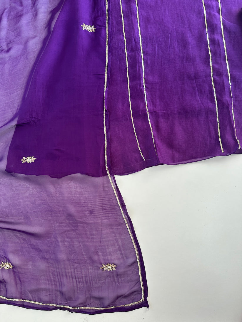 K070 - Mul Chanderi handwork Aline Kurti with pants and dupatta in