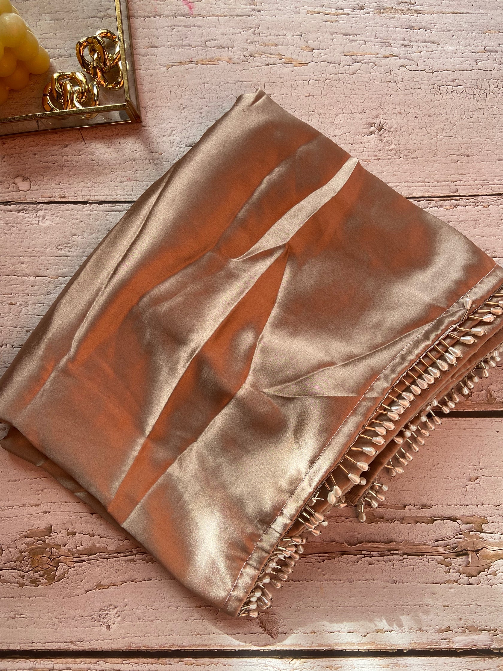 Rose Gold Satin Silk Saree With Handmade Tassels On Pallu