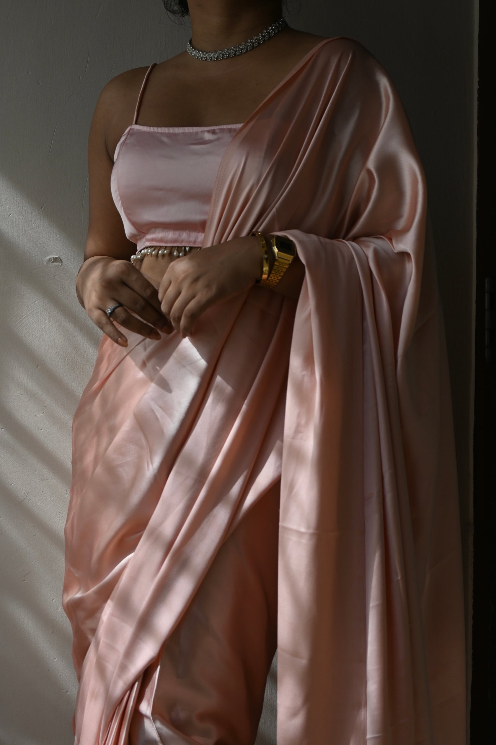 Baby Pink Satin Silk Handmade Tassels On Pallu