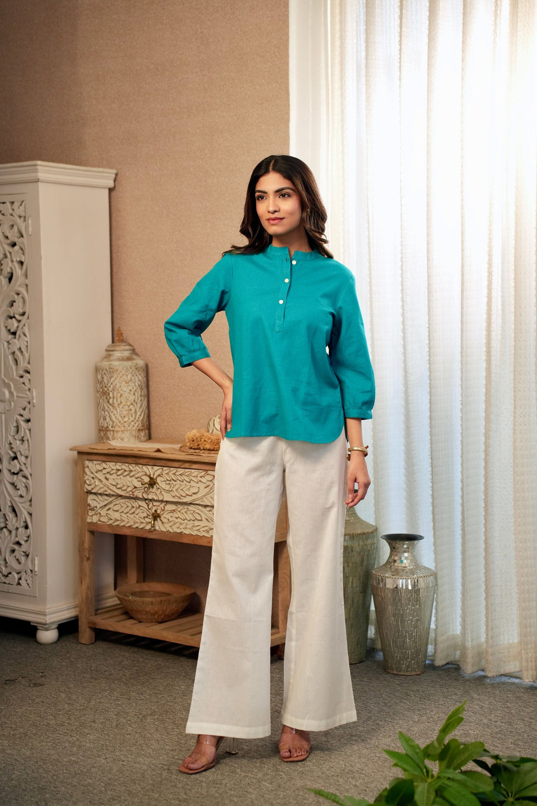 Teal - Pure Linen Short Kurta