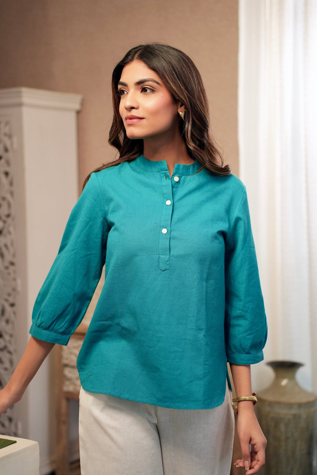 Teal - Pure Linen Short Kurta