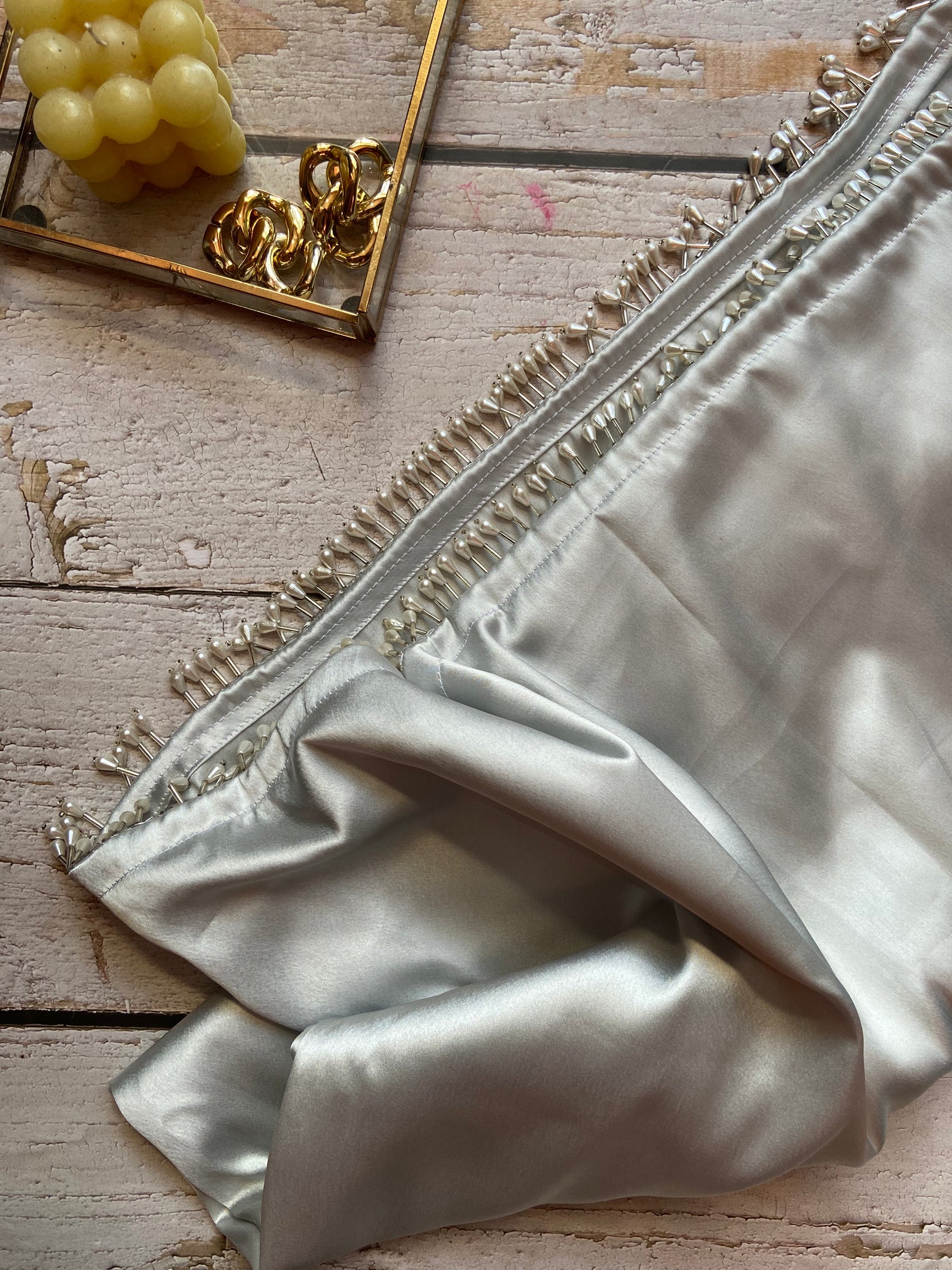 Grey Satin Silk Handmade Tassels On Pallu