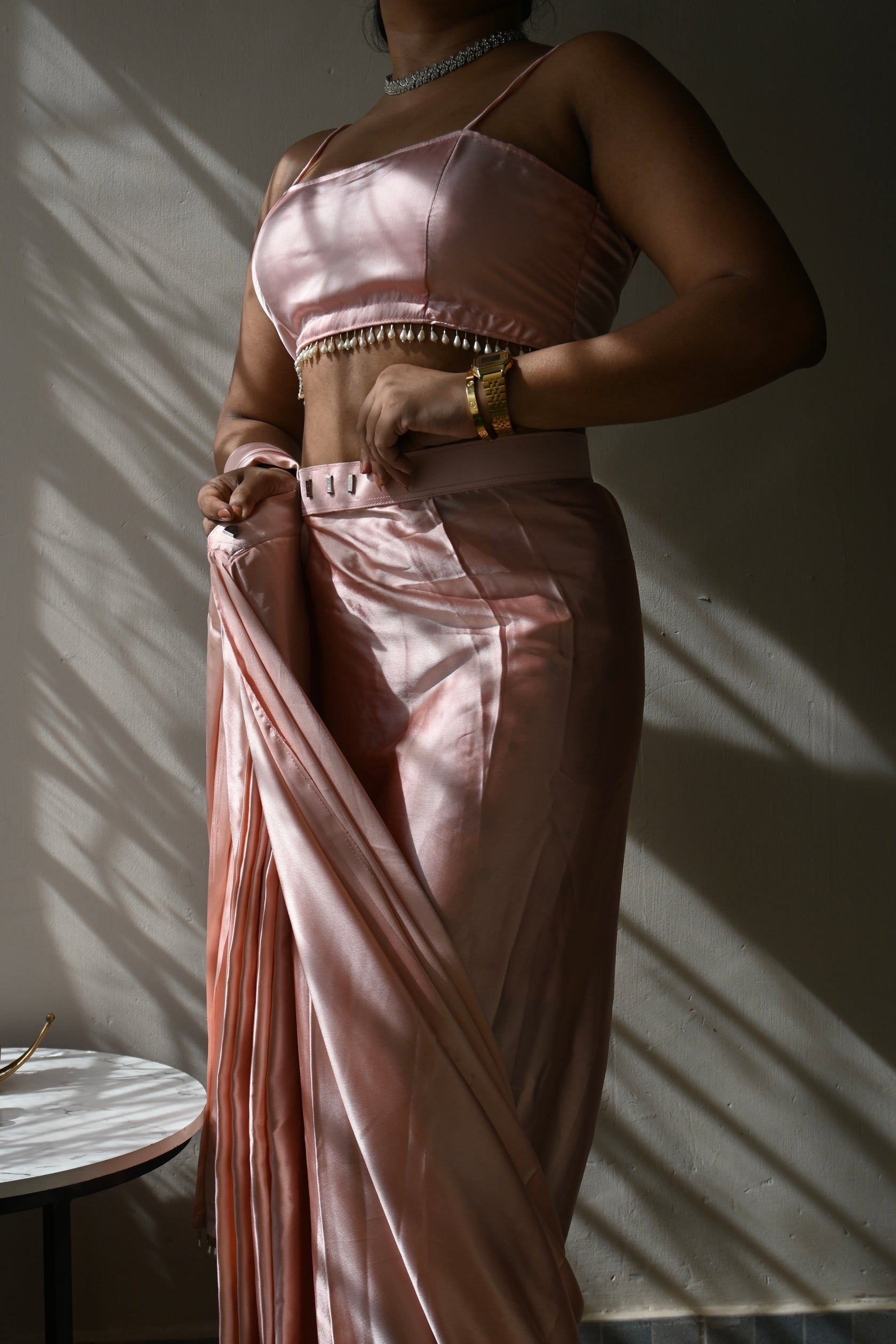 Baby Pink Satin Silk Handmade Tassels On Pallu