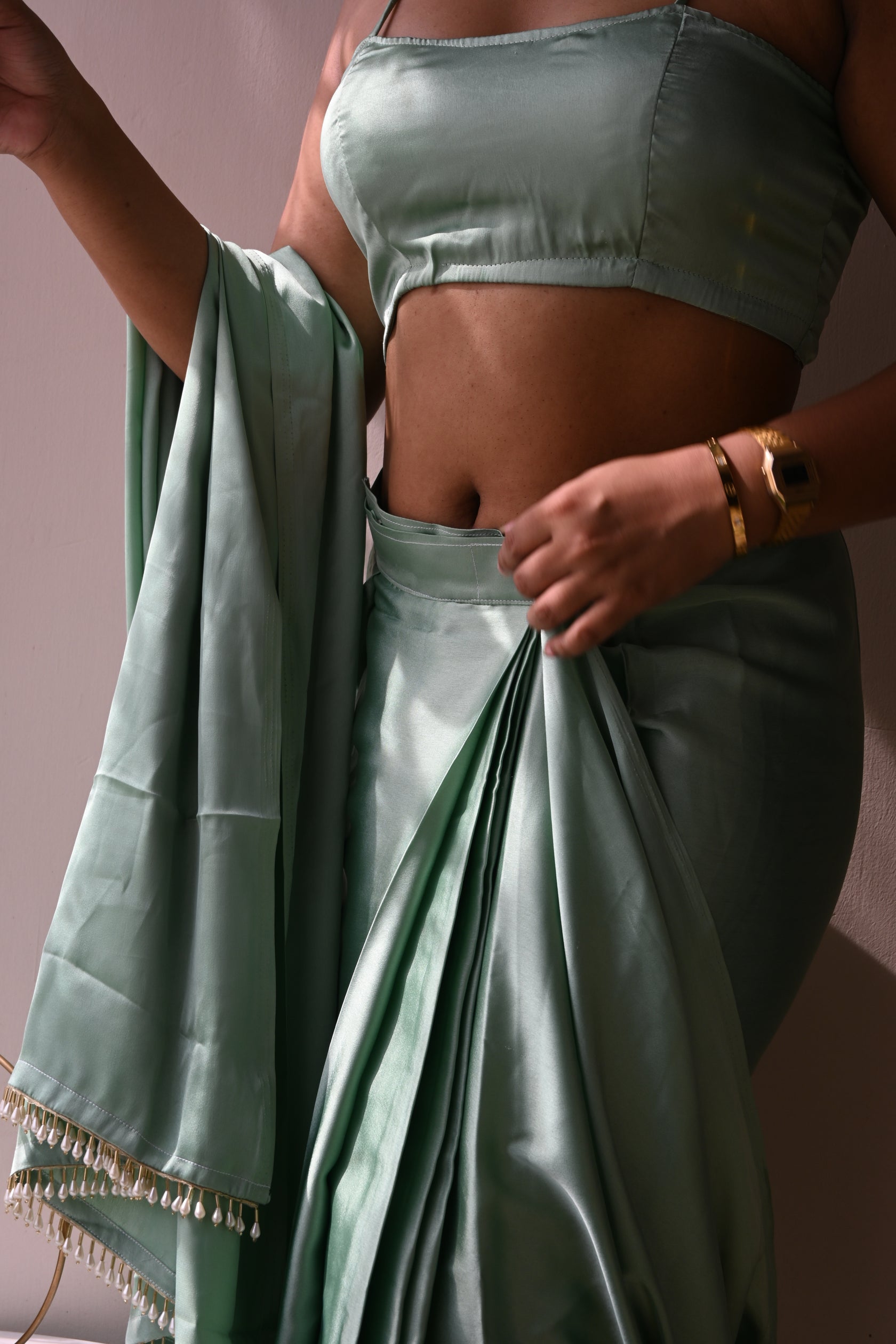 Pista Satin Silk Handmade Tassels On Pallu